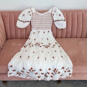 Ivy City Co White Midi Dress with Rust Floral Embroidery